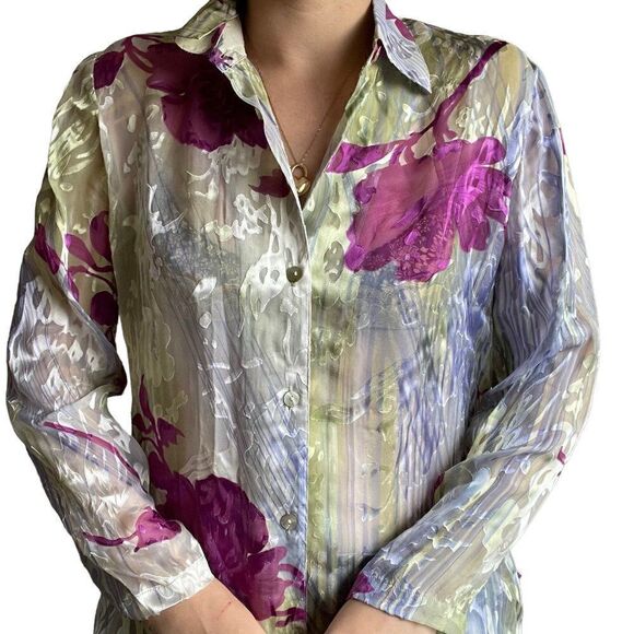 Vintage 80s Mirasol Womens Silk Blend Floral Slinky Sexy Button Down Blouse Sz S - Picture 7 of 7